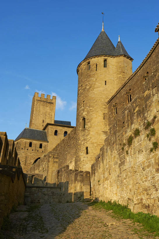 无人,竖图,室外,白天,仰视,旅游,度假,草地,名胜古迹,植物,标志建筑,地标,建筑,法国,欧洲,阴影,遗迹,光线,影子,堡垒,城堡,古迹,文物,娱乐,建设,古建筑,草,蓝色,绿色,蓝天,天空,阳光,天,享受,休闲,旅游胜地,放松,晴朗,要塞,古文明,万里无云,法兰西共和国,卡尔卡松,首府,法兰西第五共和国,朗格多克.鲁西永,朗格多克.鲁西永大区,设防,奥德省,晴空,晴空万里,彩图,低角度拍摄