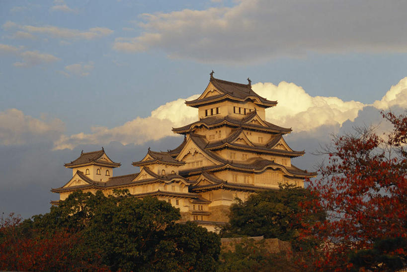 无人,横图,室外,白天,仰视,旅游,度假,日落,植物,标志建筑,地标,建筑,日本,亚洲,阴影,光线,影子,堡垒,城堡,墙,晚霞,霞光,落日,娱乐,建设,墙壁,墙面,树,树木,绿色,阳光,自然,黄昏,享受,休闲,旅游胜地,彩霞,放松,生长,成长,要塞,东亚,本州,世界文化遗产,本州岛,日本国,近畿地方,近畿,兵库,兵库县,姬路,姬路市,夕照,设防,夕阳,彩图,低角度拍摄,斜阳