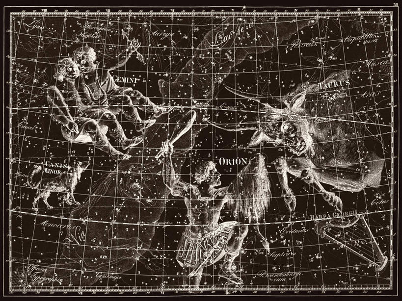 无人,横图,黑白,宇宙,地图,科学,星星,自然,摄影,星座,天文,占卜,手艺,天文学,金牛座,星相,占星,拉丁文,猎户座大星云,雕刻术