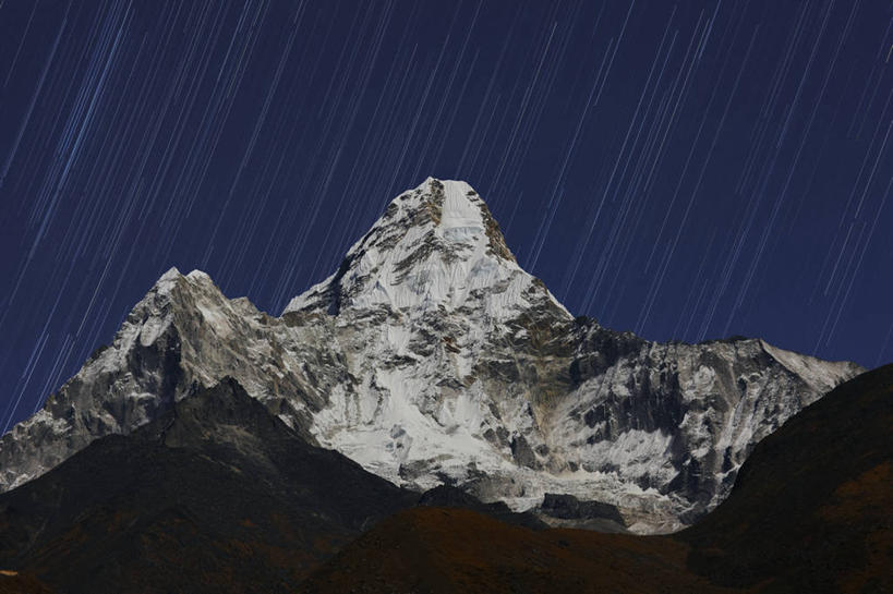 无人,横图,室外,夜晚,运动模糊,美景,山,雪,尼泊尔,亚洲,冰,景观,山顶,星星,自然,景色,摄影,自然风光,喜马拉雅山脉,珠穆朗玛峰国家公园,岩石,爬山,彩图,旅行