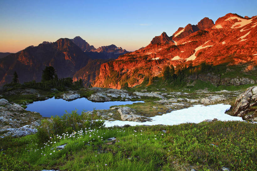 无人,横图,室外,白天,草地,湖,日落,山,美国,地形,花,摄影,宁静,华盛顿州,卡斯基德山脉,彩图,旅行