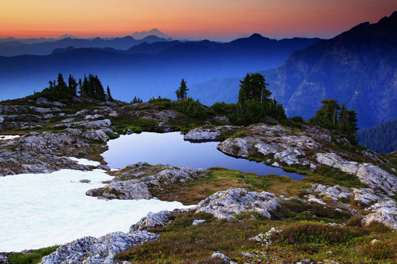 无人,横图,室外,白天,草地,湖,火山,瀑布,日落,山,山脉,雪,美国,地形,摄影,宁静,华盛顿州,彩图,旅行,贝克尔山