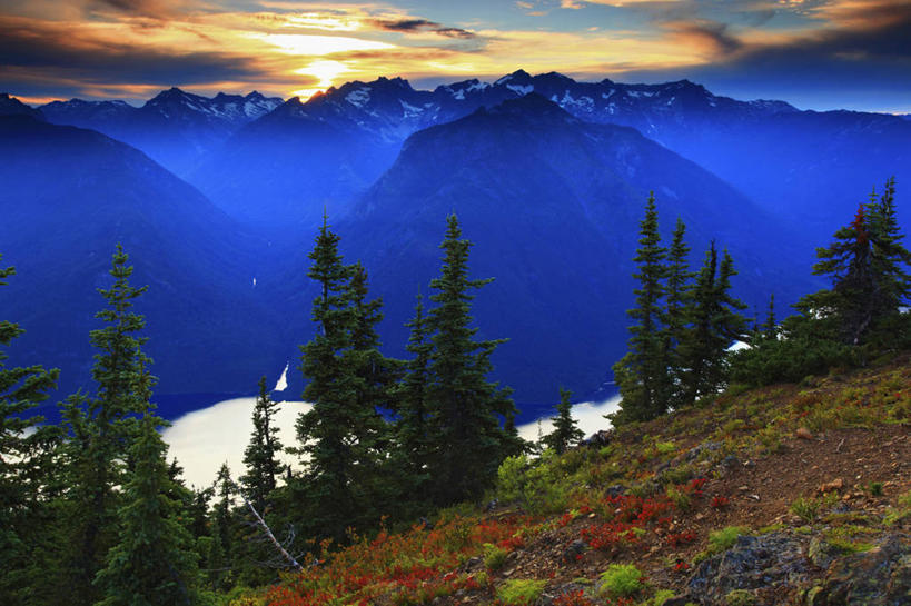 无人,横图,室外,白天,日落,山,美国,地形,宏伟,树,摄影,华盛顿州,卡斯基德山脉,彩图