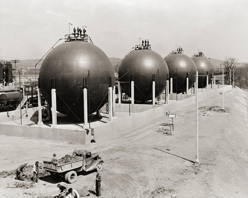 工厂,横图,黑白,室外,白天,留白,美国,球体,储油罐,工业,摄影,西弗吉尼亚,制造厂,生产工厂