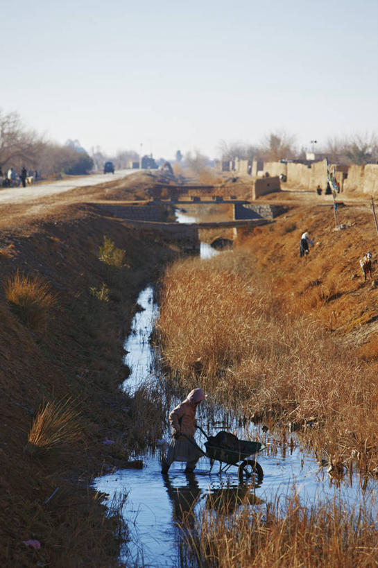 成年人,一个人,竖图,室外,白天,建筑业,水,阿富汗,湿,工作,小溪,摄影,运河,挑战,独轮手推车,跨栏,女人,彩图,传统文化