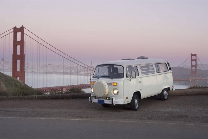 无人,横图,室外,自由,汽车,地标建筑,运输,摄影,早晨,金门大桥,旧金山,大众汽车,彩图,旅行