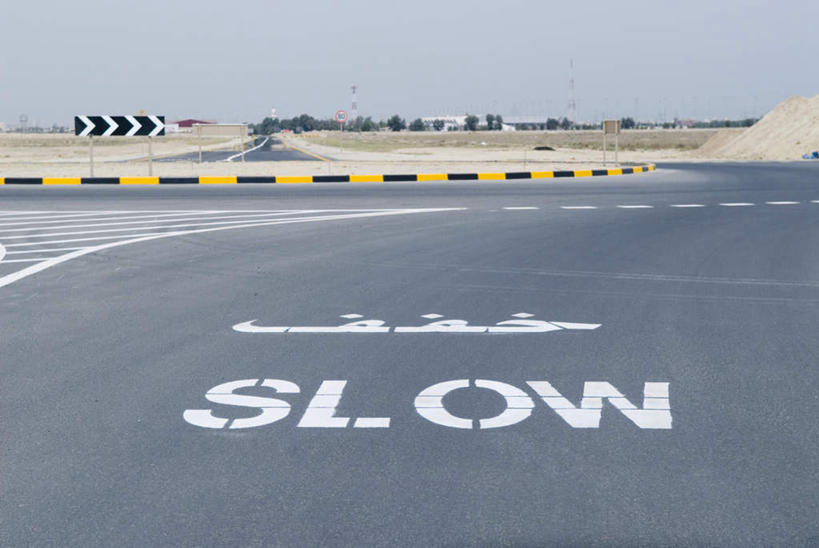 无人,横图,俯视,室外,白天,缓慢,植物,道路,路,公路,阴影,曲折,弯曲,光线,英文,标志,文字,影子,字符,字母,交通,方向,标识,箭头,树,树木,蓝色,绿色,蓝天,天空,阳光,自然,天,蜿蜒,生长,成长,英文字母,指向,簇,伤害,迟钝,迟缓,危险,马路,彩图,高角度拍摄