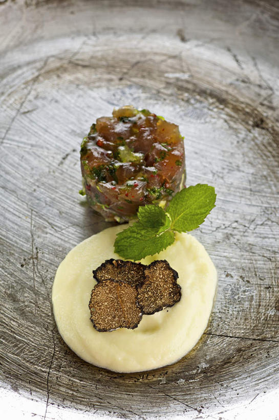 海鲜,无人,竖图,俯视,室内,特写,白天,烹饪,西餐,餐具,阴影,装饰,反射,鱼,碟子,盘,影子,菌菇,肉,鱼肉,薄荷,料理,食品,银丹草,松露,鲔鱼,菌类,水产,金枪鱼,菜肴,美食,肉类,鱼类,海洋生物,食物,一个,盘子,碟,食用菌,西式,佳肴,单个,华丽,修饰,点缀,吞拿鱼,真菌,水生动物,海产品,水生物,肉食,海底动物,衬托,美观,雅致,雅观,斑叶凤梨薄荷,夜息香,黑松露,彩图,高角度拍摄