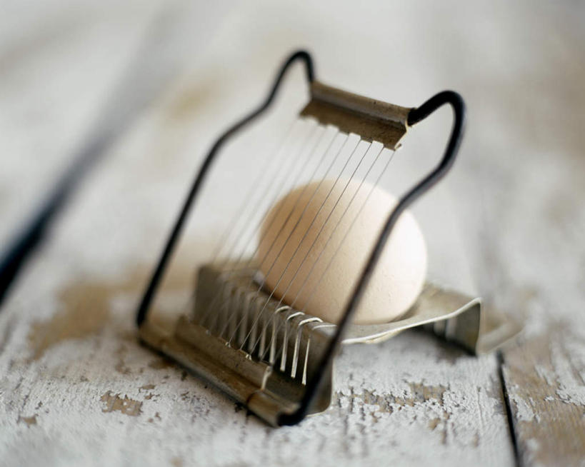 无人,横图,俯视,室内,特写,白天,餐桌,桌子,金属制品,阴影,光线,金属,影子,蛋,鸡蛋,一枚,餐台,卵,切蛋机,切蛋器,彩图,高角度拍摄