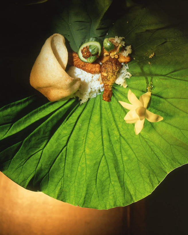 米饭,无人,竖图,俯视,室内,特写,白天,叶子,阴影,朦胧,模糊,影子,玉米片,鸡肉,肉,荷叶,饭,鸡腿,肉类,椰汁,五谷,肉食,莲叶,叶,叶片,彩图,高角度拍摄