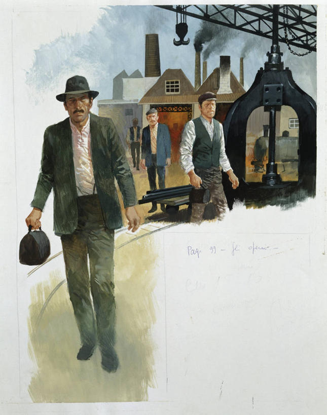 成年人,四个人,工厂,站,竖图,插画,室外,白天,留白,白色背景,衬衫,数码,科技,帽子,阴影,堆叠,网络,高光,几何,计算机图形,合成,图画,画,工业,马甲,电脑合成图,数码合成图,合成图,文学,漫画,意大利文化,写实,具体,具象,茄克,美术工艺,蒸汽机车,步行,彩图