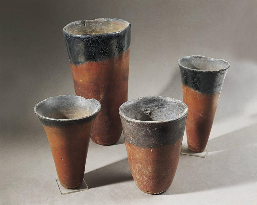 无人,横图,灰色背景,圆锥,古代,灰色,容器,四个,陶器,摄影,多样,手艺,古埃及文明,古代文明,美术工艺,彩图,影棚拍摄,过去