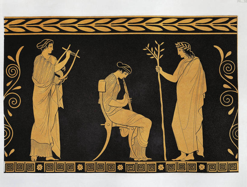 成年人,三个人,站,坐,横图,特写,侧面,重复,椅子,表演,花纹,神话,音乐,听,拿着,历史,摄影,灵感,考古学,长笛,简单,七弦琴,古希腊,嫩枝,美术工艺,几何形状,男人,年轻男性,年轻女性,年轻人,彩图,雕刻术,过去