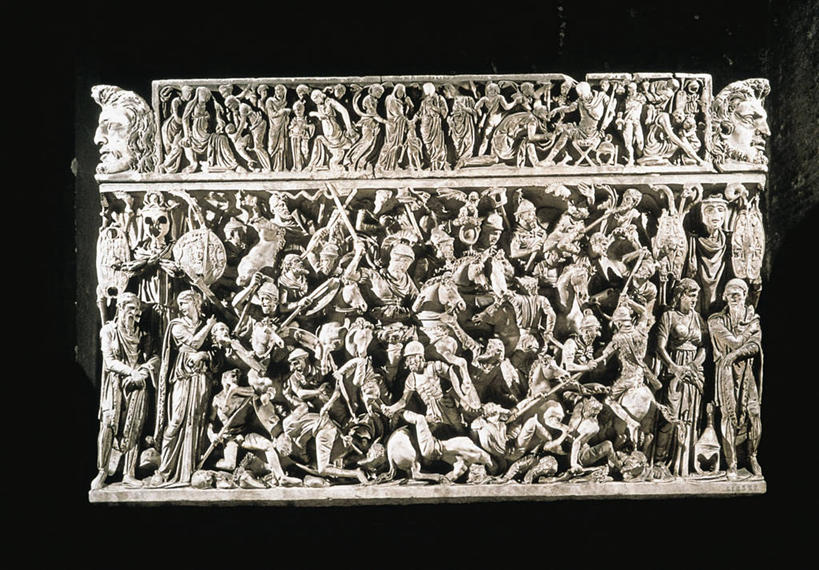 无人,横图,黑色背景,冲突,标志,符号,标识,古罗马,古代,摄影,打斗,石棺,战役,性别符号,古代文明,美术工艺,彩图,影棚拍摄,浅浮雕,男性符号