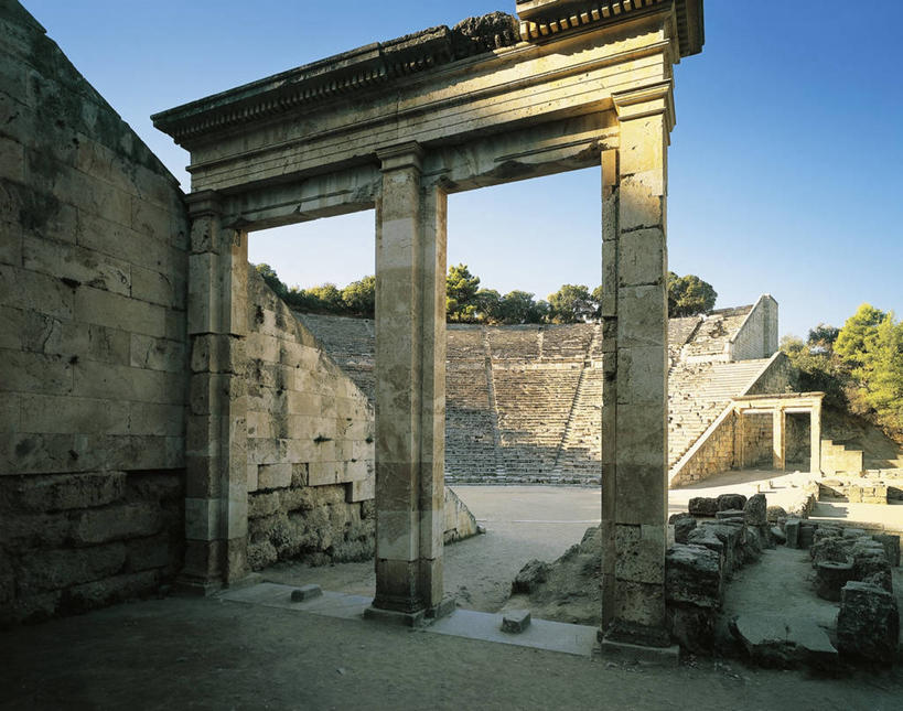 无人,横图,室外,白天,建筑,希腊,柱子,地标建筑,摄影,考古学,希腊文化,万里无云,古希腊,古代文明,圆形剧场,伯罗奔尼撒,彩图