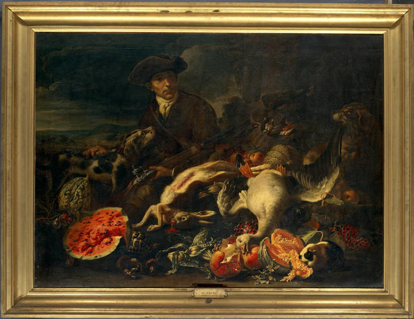 成年人,一个人,横图,插画,室外,白天,绘画,数码,科技,哺乳动物,宠物,鹅,狗,鸟,野生动物,西瓜,帽子,水果,相框,油画,仅一个男性,阴影,艺术,网络,鸟类,鸭子,枪支,肉,高光,几何,计算机图形,古典,合成,图画,文化,鸭肉,肉类,饮食,画,自然,动物,工艺品,品味,猎枪,武器,家畜,摄影,美术,死亡,电脑合成图,数码合成图,高雅,合成图,漫画,肉食,家兔,杀害,写实,具体,具象,美学,猎人,美术工艺,野味,半身,彩图,过去,纯种犬