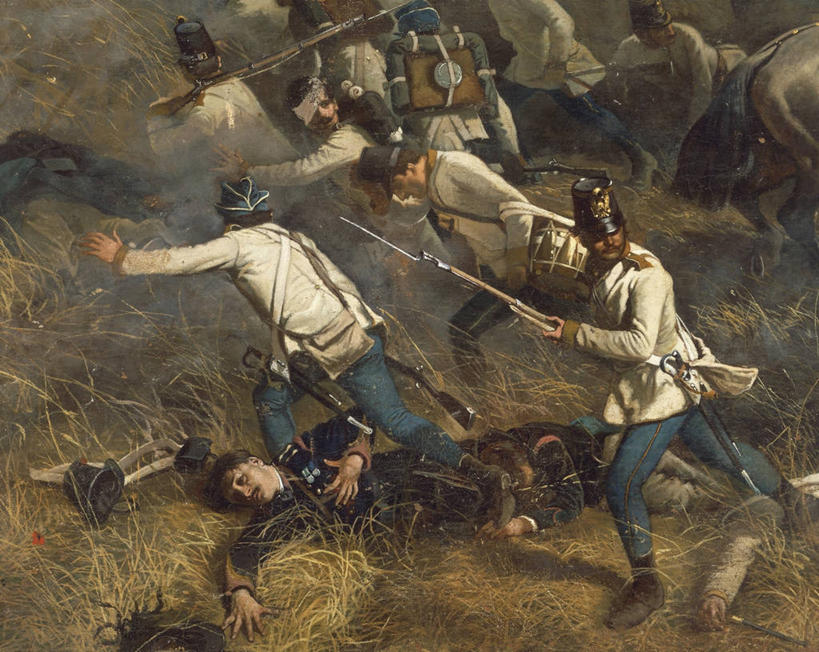 成年人,横图,室外,白天,民族服装,绘画,马,意大利,艺术,环绕,军事,许多人,古典,历史,文化,工艺品,品味,一群人,独立,摄影,尸体,美术,高雅,打斗,军服,美学,战役,尸身,遗体,刺刀,男人,彩图,传统服装,民俗服,尸首,军团