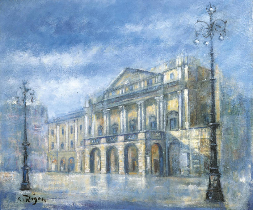 无人,横图,室外,白天,绘画,建筑,剧院,路灯,意大利,艺术,历史,摄影,颜料,美术,意大利文化,米兰,斯卡拉剧院,美术工艺,彩图