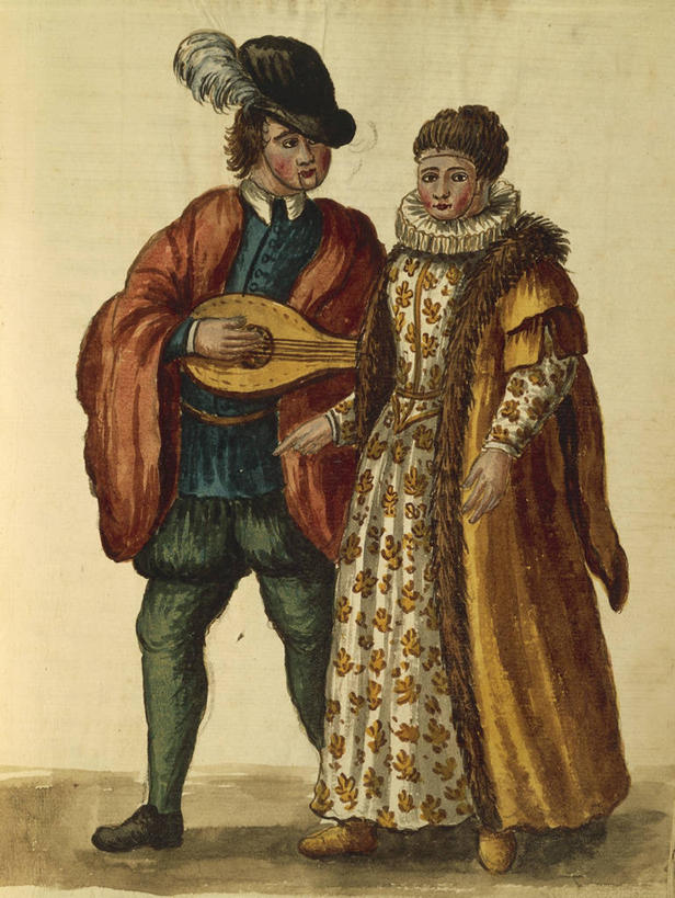 成年人,两个人,站,竖图,绘画,帽子,表演,正装,艺术,吉他,音乐,衣服,调情,摄影,颜料,美术,高雅,意大利文化,18世纪,年轻男性,年轻女性,年轻人,彩图,影棚拍摄,传统服装