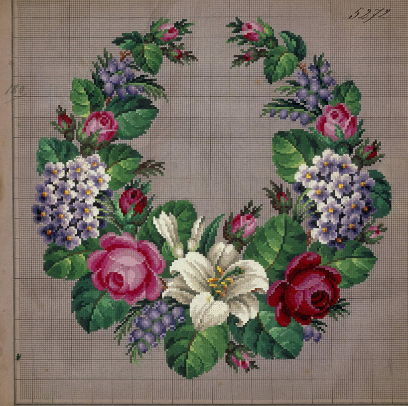 无人,横图,百合花,玫瑰,勿忘我,叶子,刺绣,花纹,花环,粉色,绿色,紫色,摄影,怀旧,记忆,德国文化,式样,美术工艺,设计,彩图,影棚拍摄