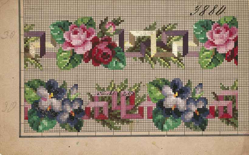 无人,横图,玫瑰,紫罗兰,叶子,刺绣,花纹,粉色,绿色,紫色,摄影,怀旧,记忆,德国文化,式样,美术工艺,几何形状,设计,彩图,影棚拍摄