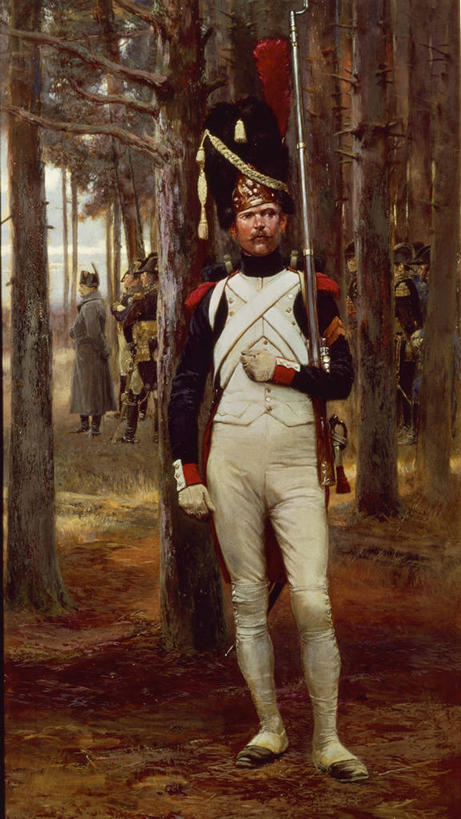 成年人,中年人,一个人,站,竖图,室外,白天,绘画,森林,仅一个男性,仅一个人,仅一个中年男性,士兵,艺术,军事,古典,历史,文化,树,工艺品,品味,摄影,美术,高雅,肖像,军服,法国文化,军队,美学,刺刀,男人,男性,中年男性,彩图