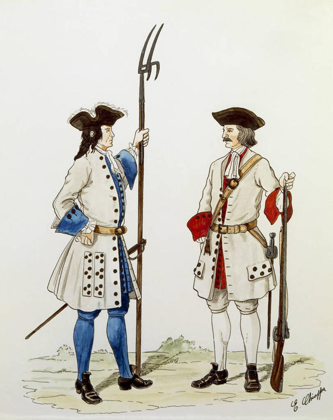 成年人,两个人,站,竖图,室外,白天,民族服装,帽子,军事,拿着,历史,武器,摄影,军服,法国文化,来福枪,18世纪,戟,彩图,传统服装,民俗服,雕刻术,步兵