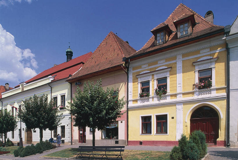 一个人,横图,室外,白天,植物,窗户,门,城市,建筑,欧洲,斯洛伐克,一排,关闭,朦胧,模糊,整齐,长椅,房屋,云,门口,图像,座位,树,排列,背面,天空,地标建筑,摄影,人造,住房,地中海文化,都市风光,队列,封闭,主题,自然现象,视角,东欧,构图,巴尔代约夫,彩图,旅行,时空,传统文化