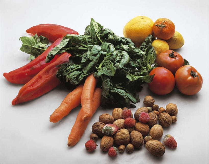 无人,横图,俯视,室内,草莓,柠檬,胡萝卜,蔬菜,西红柿,静物,水果,叶子,坚果,饮食,摄影,生活方式,多样,健康食物,彩图,高角度拍摄