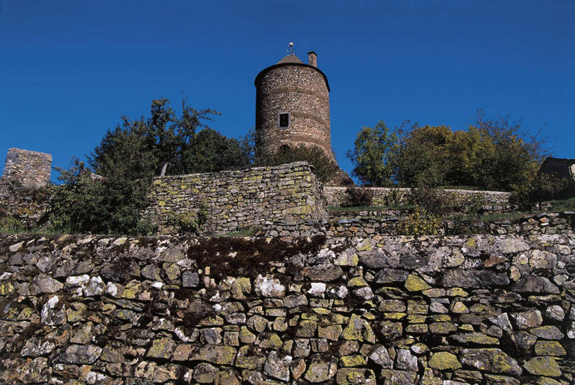 无人,横图,室外,白天,仰视,建筑,法国,欧洲,城堡,历史,石墙,树,蓝色,摄影,保护,地中海文化,万里无云,奥弗涅,彩图,低角度拍摄,过去