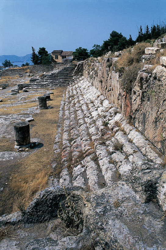 无人,寺庙,竖图,室外,白天,神秘,建筑,希腊,欧洲,历史,废墟,台阶,树,蓝色,摄影,宗教,宗教建筑,地中海文化,希腊文化,万里无云,古希腊,古代文明,阿提卡,彩图,过去