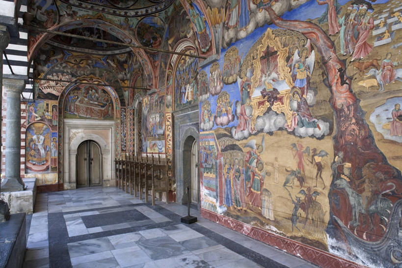 无人,教堂,横图,彩色,室内,白天,门,建筑,保加利亚,标志,符号,拱门,标识,壁画,地标建筑,摄影,宗教,五颜六色,色彩斑斓,基督教,宗教建筑,修道院,作画,五彩缤纷,五彩斑斓,性别符号,东正教,五光十色,里拉修道院,彩图,男性符号,联合国教科文组织