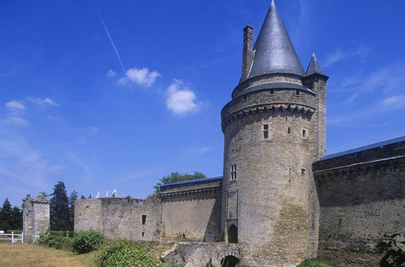 无人,横图,室外,白天,建筑,法国,欧洲,城堡,纪念碑,围墙,塔,尖顶,历史,废墟,树,摄影,保护,布列塔尼,西欧,要塞,法兰西,中欧,法兰西共和国,法兰西第五共和国,卢瓦尔河,罗亚尔河,彩图