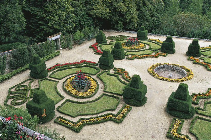 无人,横图,俯视,室外,白天,建筑,法国,欧洲,对称,城堡,历史,草,花,摄影,园林,灌木,西欧,法兰西,中欧,法兰西共和国,法兰西第五共和国,卢瓦尔河,罗亚尔河,树篱,彩图,高角度拍摄,旅行