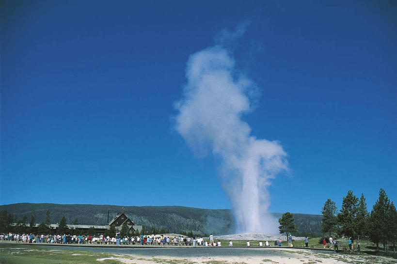 横图,室外,白天,温泉,美国,树,天空,地标建筑,摄影,北美,北美洲,国家公园,美洲,爆发,怀俄明,黄石公园,万里无云,间歇泉,北亚美利加洲,亚美利加洲,地质学,自然地理,彩图,旅行,美利坚合众国