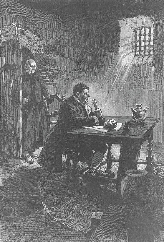 成年人,两个人,站,坐,竖图,黑白,室内,白天,桌子,意大利,标志,符号,首都,标识,监狱,摄影,犯人,牢房,处罚,18世纪,性别符号,男性符号,雕刻术