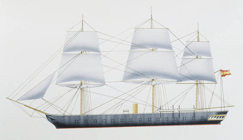 无人,横图,室外,白天,侧面,时尚,船,西班牙,蓝色背景,军事,历史,一个,蓝色,t台,帆,运输,摄影,军舰,单个,加泰隆尼亚,海军,战舰,伊比利亚半岛,军用战舰,战船,帆樯,桅竿,赫罗纳省,时装表演,时装秀,t型台,走秀,西班牙国旗,彩图,帆柱,传动装置