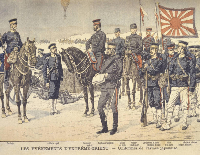 成年人,人群,站,横图,室外,白天,制服,满意,信心,马,三只,士兵,冲突,军事,日本国旗,拿着,战争,摄影,军服,东亚人,军队,男人,亚洲人,彩图,军官