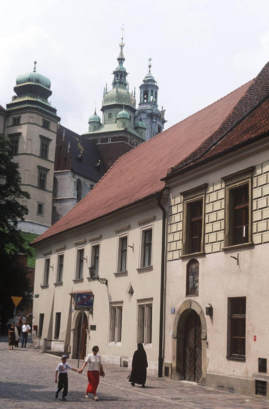 竖图,室外,白天,建筑,街道,波兰,行人,城堡,房屋,古城,历史,天空,地标建筑,摄影,宁静,万里无云,克拉科夫,小波兰省,彩图,旅行