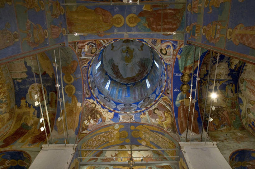 无人,横图,室内,白天,仰视,建筑,俄罗斯,装饰,注视,壁画,地标建筑,观察,看,摄影,宗教,观看,察看,关注,修道院,彩图,低角度拍摄,大教堂,苏兹达尔,俄罗斯文化