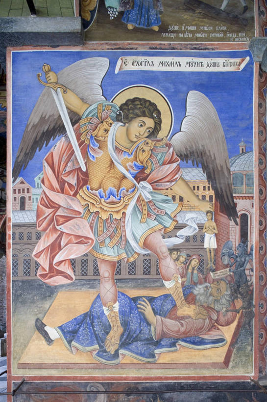 无人,教堂,竖图,室内,白天,保加利亚,天使,标志,符号,标识,壁画,地标建筑,武器,摄影,宗教,剑,基督教,修道院,性别符号,东正教,美术工艺,里拉修道院,大天使,彩图,旅行,男性符号,圣米迦勒