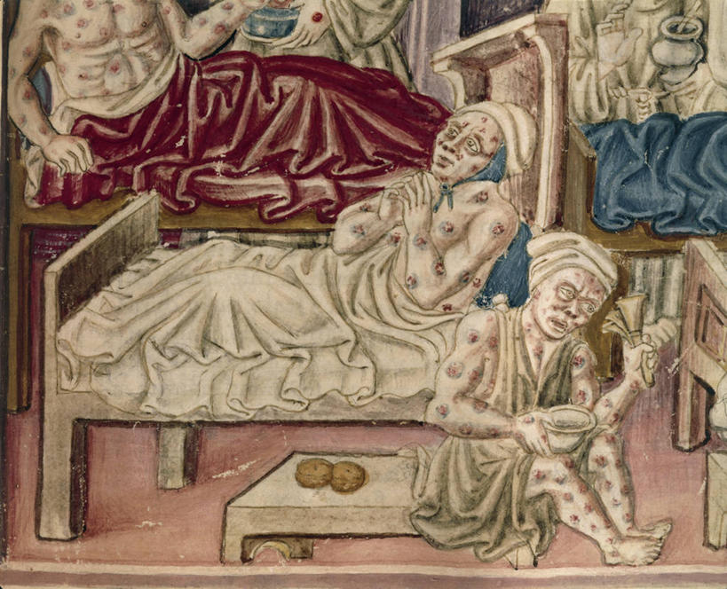 两个人,横图,床,家具,帽子,意大利,光,光亮,手稿,生病,摄影,照亮,病毒,疾病,南欧,黑死病,佩鲁贾,受害者,彩图