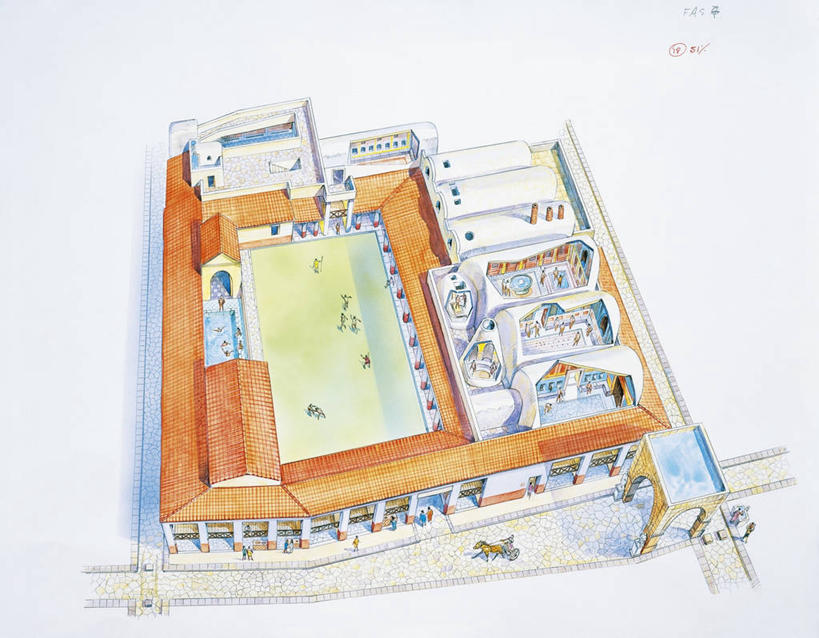 横图,俯视,插画,室外,白色背景,数码,科技,水,建筑,路,意大利,阴影,网络,马车,高光,几何,计算机图形,合成,图画,历史,画,温泉池,摄影,电脑合成图,数码合成图,卫生,合成图,横截面,漫画,意大利文化,写实,具体,具象,庞贝,古代文明,罗马浴池,彩图,高角度拍摄,公共浴室