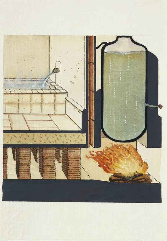 无人,竖图,插画,技术,数码,科技,水,建筑,火,阴影,网络,火焰,高光,几何,计算机图形,燃烧,热,合成,图画,古罗马,画,电脑合成图,数码合成图,工程,合成图,横截面,漫画,写实,具体,具象,古代文明,罗马浴池,彩图