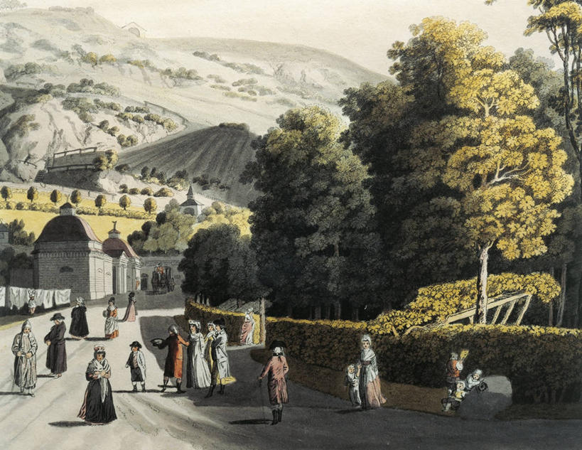 成年人,横图,插画,室外,白天,数码,科技,山,建筑,路,奥地利,阴影,网络,房屋,许多人,高光,几何,计算机图形,合成,图画,画,树,一群人,电脑合成图,数码合成图,合成图,漫画,18世纪,写实,具体,具象,树篱,男人,女人,步行,彩图,巴登