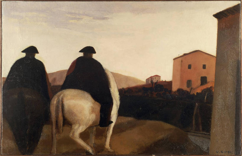 两个人,横图,室外,白天,绘画,安全,士兵,骑马,艺术,房屋,乡村,古典,文化,背面,动物,工艺品,品味,两只,家畜,美术,高雅,警官,美学,美术工艺,彩图