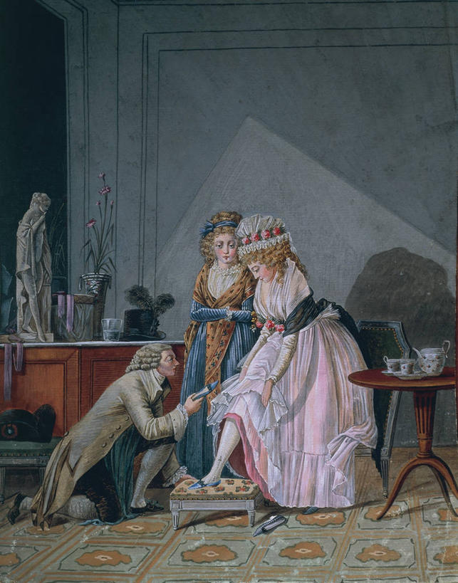 成年人,三个人,鞋匠,竖图,室内,时尚,地毯,艺术,雕像,茶几,衣服,试穿,服务,摄影,协助,手艺,18世纪,式样,美术工艺,男人,年轻男性,年轻女性,年轻人,彩图