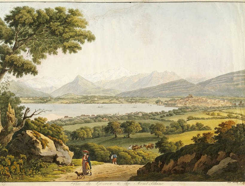 横图,室外,白天,旅游,度假,绘画,湖,美景,山,山脉,狗,瑞士,艺术,景观,田地,古典,文化,娱乐,树,自然,工艺品,品味,享受,休闲,景色,放松,美术,高雅,自然风光,勃朗峰,18世纪,美学,日内瓦,美术工艺,彩图