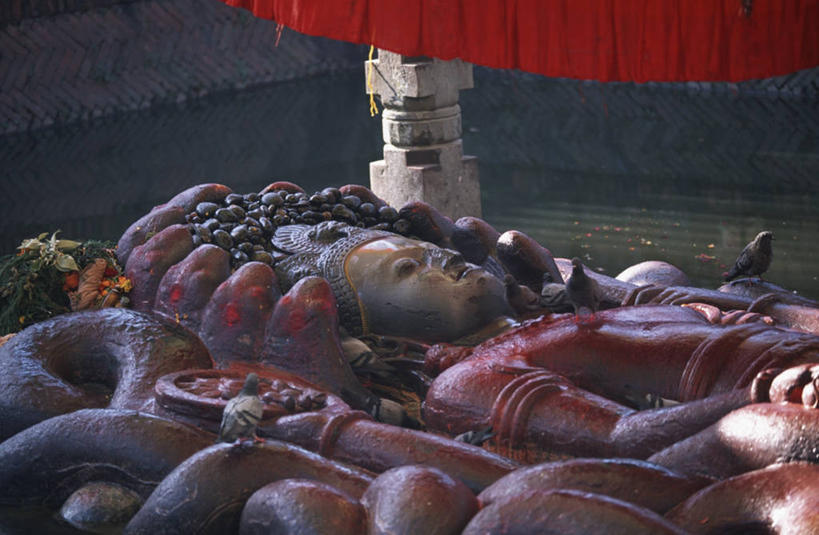 无人,横图,室外,白天,尼泊尔,鸟类,雕像,池塘,首都,摄影,宁静,加德满都,印度教,毗湿奴,美术工艺,仰卧,彩图,神