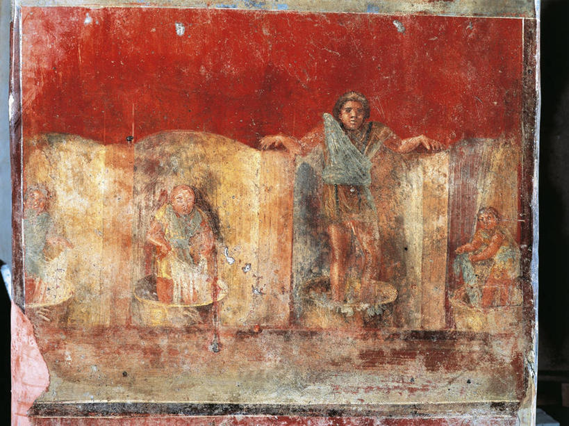 儿童,成年人,四个人,站,横图,室内,纺织品,历史,古代,洗衣服,职业,摄影,羊毛,手艺,意大利文化,庞贝,古代文明,美术工艺,男孩,男人,彩图,传统服装,官位,官职,职位,过去